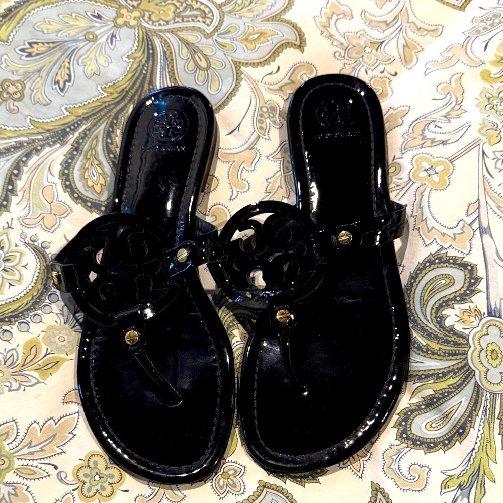 Black patent leather Tory Burch Miller Sandals, size 8.5